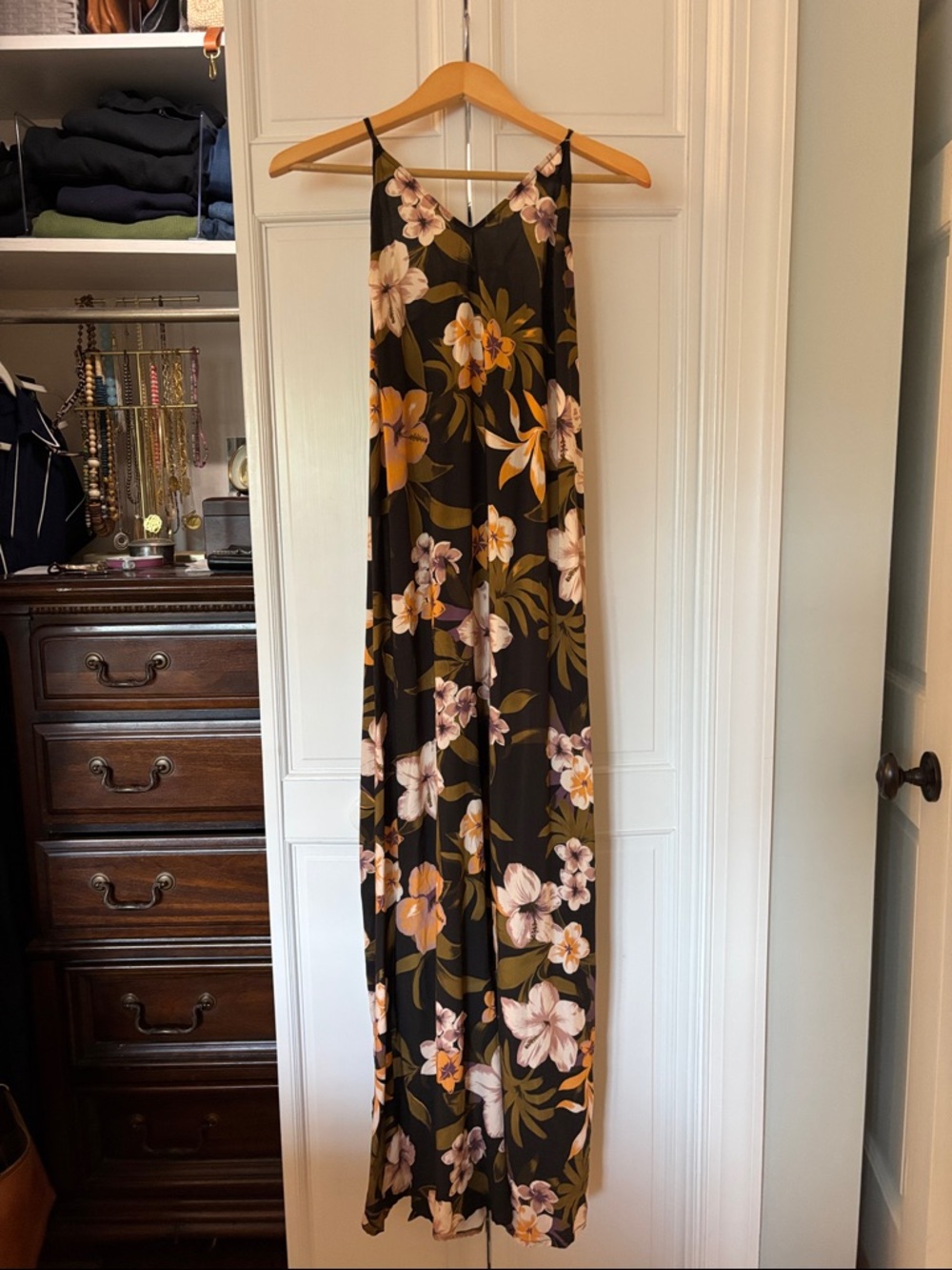 Black Floral Maxi Slip Dress with Olive & Pink Blooms